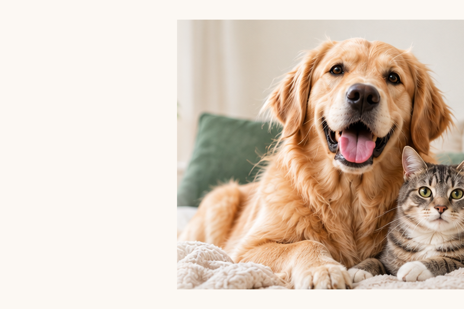 Happy golden retriever and tabby cat relaxing together