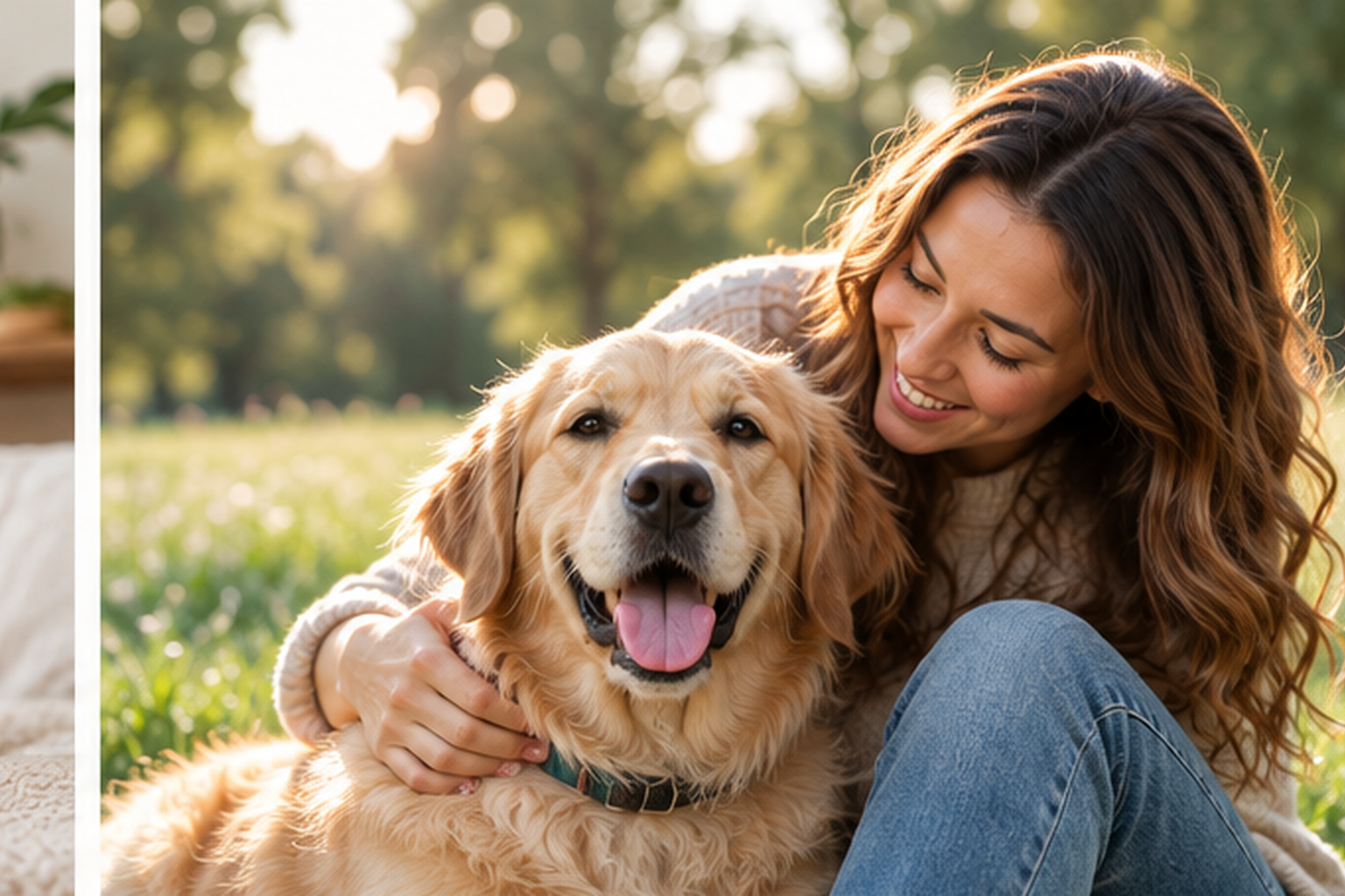 Pet parent spending time with a happy golden retriever