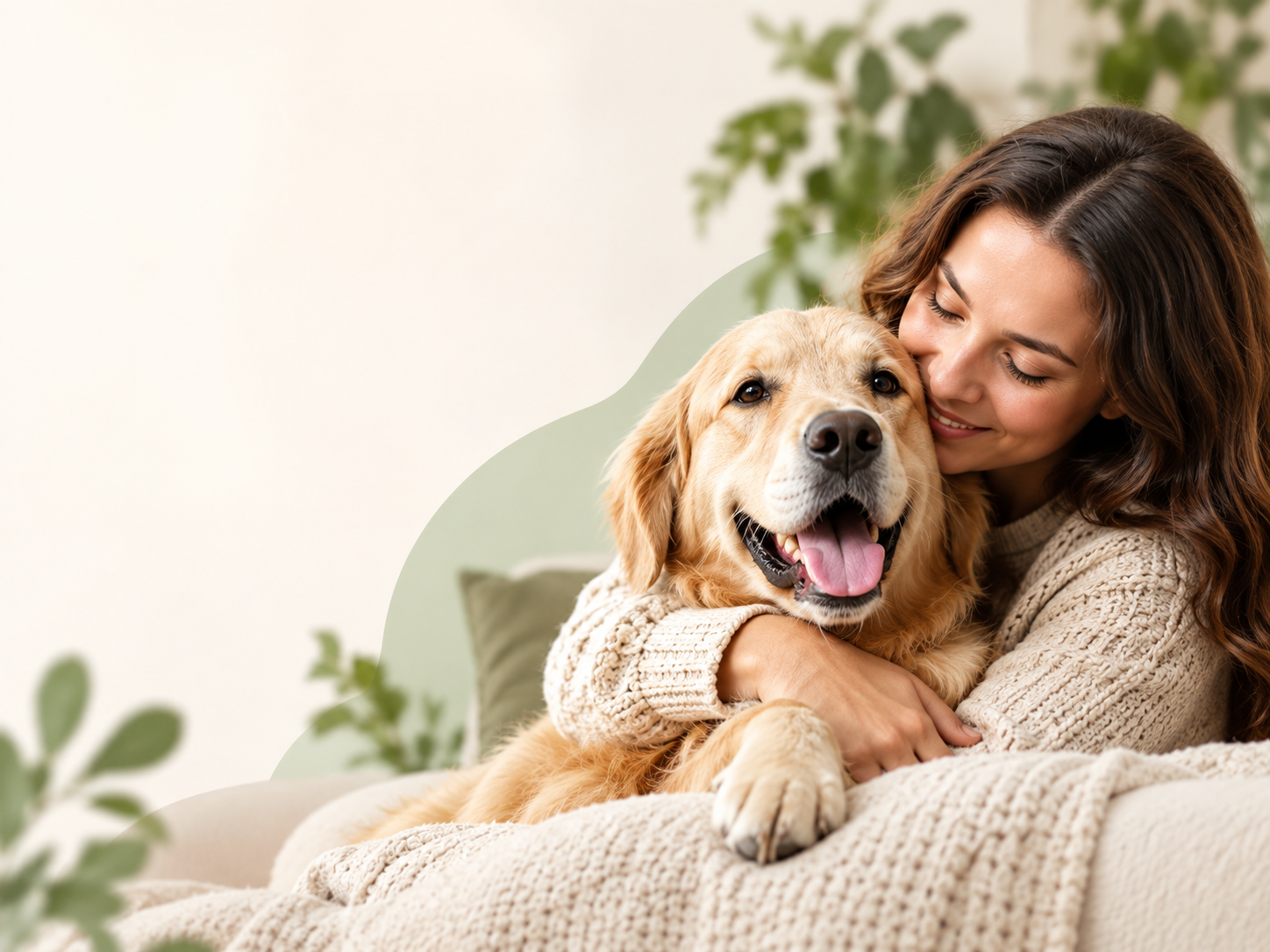 Pet parent cuddling a happy golden retriever at home