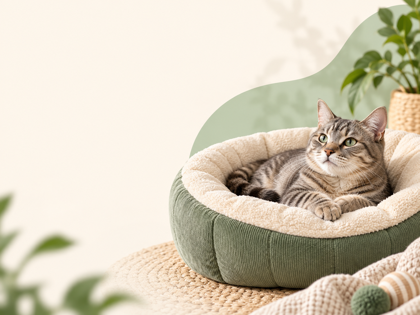 Tabby cat relaxing in a soft sage pet bed
