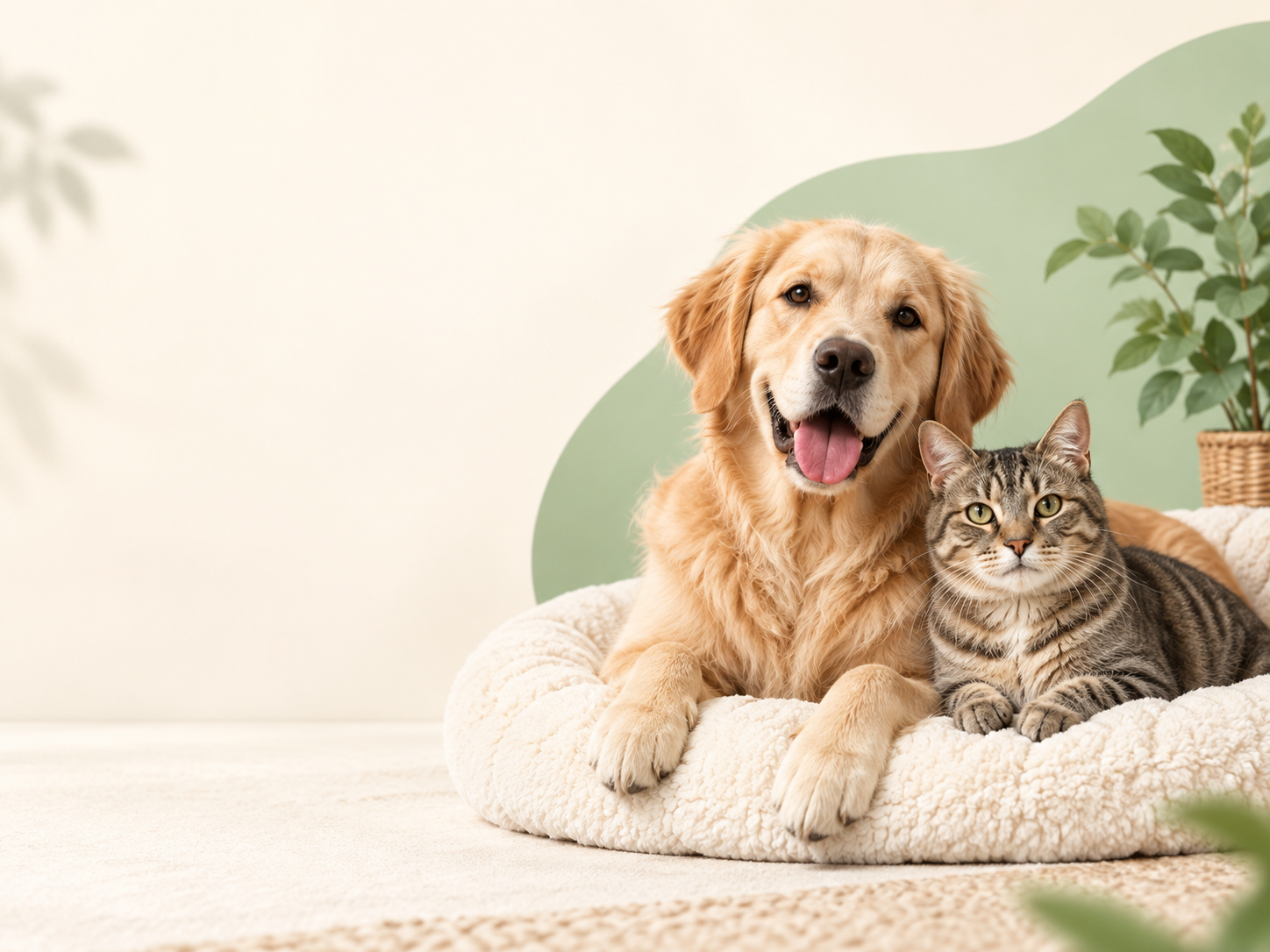 Happy golden retriever and tabby cat relaxing together
